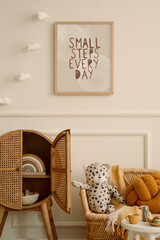 Cozy kids room interior with mock up poster frame, plush toys, orange pillow, braided armchair,...