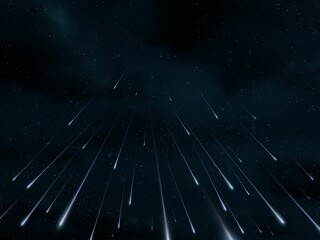 Meteorites on a black background. Falling stars illuminate the night sky. Beautiful starfall, meteor shower.