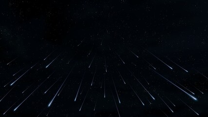 Meteor storm in the sky, glowing fireballs. Beautiful starfall at night. Many meteorites in the...
