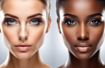 Portrait Of Two Attractive Women Combining Cosmetic Complexion Isolated On Grey Pastel Colors Background By Clean Fresh Skin On White Background, Facial, Facial Treatments, Cosmetology, Beauty And Spa