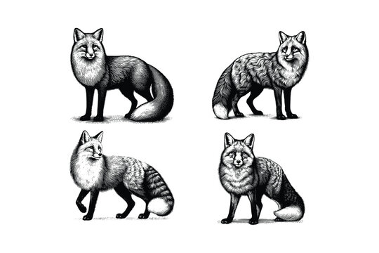 set of fox illustration. hand drawn fox black and white vector illustration. isolated white background