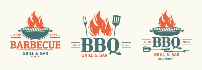 BBQ logo set. Barbecue, grill icon with fire flame. Meat restaurant label. Vector illustration.
