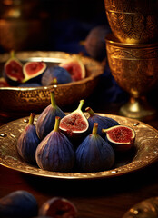 Still life photography of figs on a plate with a dark blue background.