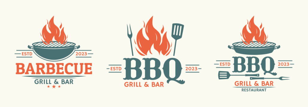 BBQ logo set. Barbecue, grill icon with fire flame. Meat restaurant label. Vector illustration.