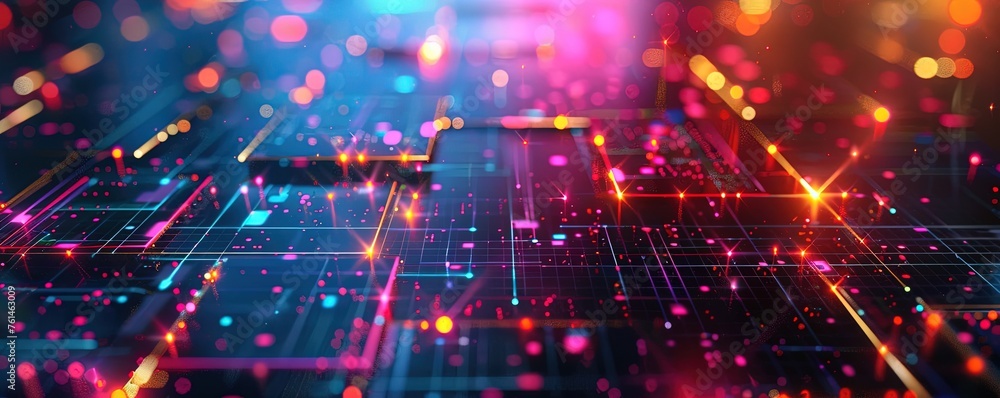 Poster geometric shapes and structures in colorful neon colors and lights in cyberspace against dark backgr
