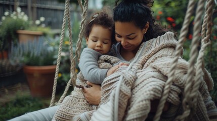Mother with her toddler son in her lap, wrapped in a soft, knitted blanket on a garden patio swing. The scene is a perfect representation of cozy, hygge motherhood on a warm spring day. - obrazy, fototapety, plakaty