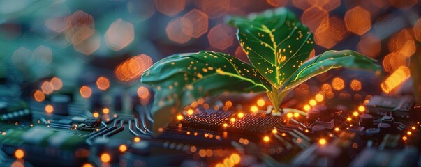 glowing plant growing on computer chip representing digital