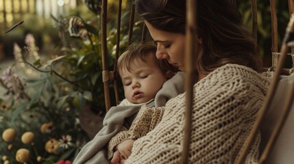 Mother with her toddler son in her lap, wrapped in a soft, knitted blanket on a garden patio swing. The scene is a perfect representation of cozy, hygge motherhood on a warm spring day. - obrazy, fototapety, plakaty
