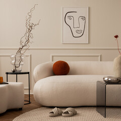 Cozy composition of living room interior with mock up poster frame, white sofa, round pillow, glass...