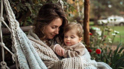 Obraz premium Mother with her toddler son in her lap, wrapped in a soft, knitted blanket on a garden patio swing. The scene is a perfect representation of cozy, hygge motherhood on a warm spring day.