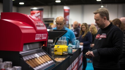 visual for a bustling trade fair expo, featuring a dynamic showcase of products and services against a backdrop of vibrant banners, with a diverse crowd in attendance