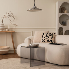 Interior design of living room interior with white modular sofa, chrom bowl, lamp, glass coffee...