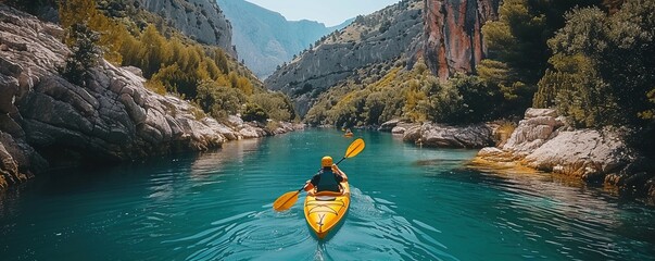 High angle view of unrecognizable people kayaking on blue narrow river flowing between rocky mountains during vacation at daytime - Powered by Adobe