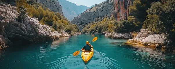 Foto op Canvas High angle view of unrecognizable people kayaking on blue narrow river flowing between rocky mountains during vacation at daytime © Влада Яковенко