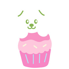 Cute puppy with pink cupcake for birthday card, icons, logo, dogs, pet, pet shop, vet, pet food, animal sticker, cartoon character, plush toy, doll, pastel patches, sweet dessert, cafe, print