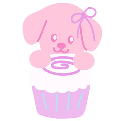 Pink cute puppy with pink cupcake for birthday card, icons, logo, dogs, pet, pet shop, vet, pet food, animal sticker, cartoon character, plush toy, doll, pastel patches, sweet dessert, cafe, print