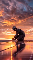 male worker in protective helmet and uniform working on roof with solar panels against sunset sky