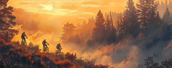 Mountain bikers at sunrise - obrazy, fototapety, plakaty
