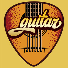 Plectrum with an inscription, stylized as a wooden guitar body. Vector illustration
