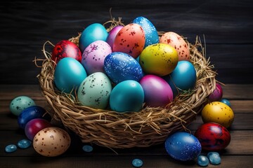 Fototapeta na wymiar Easter eggs in the basket of wooden boards - generative ai