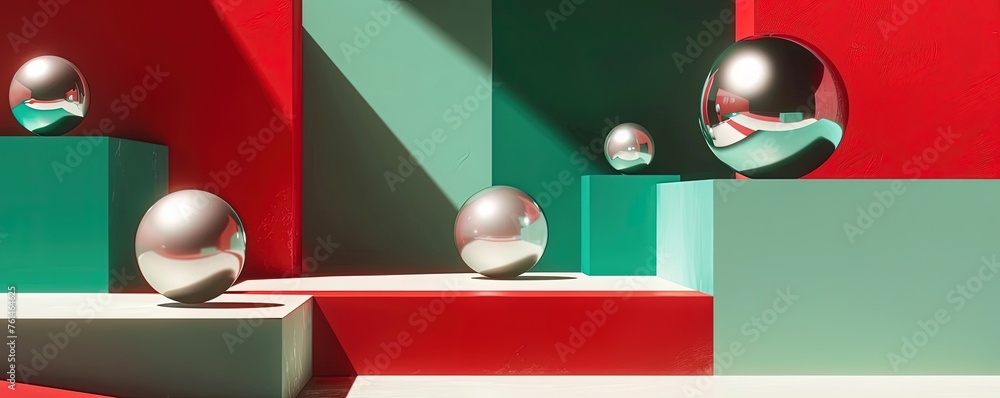 Poster colorful geometric shapes of smooth and shiny spheres on steps of square platforms against red and g