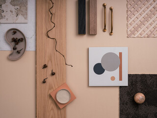 Aesthetic flat lay composition with textile and paint samples, handle, panels and cement tiles....