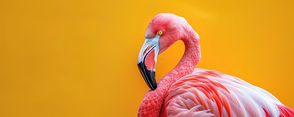 Pink flamingo in yellow background - obrazy, fototapety, plakaty