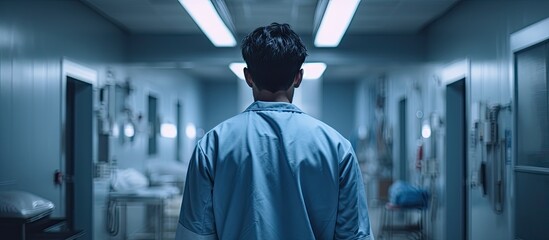 An electric blue hospital gownclad man strolls down a dimly lit hallway, embodying a fusion of art, science, engineering, and fun in this unexpected event