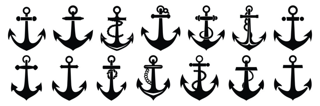  Anchor sail silhouettes set, large pack of vector silhouette design, isolated white background