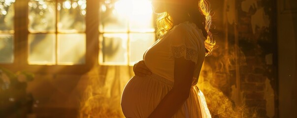 Pregnant woman and sunlight. - obrazy, fototapety, plakaty