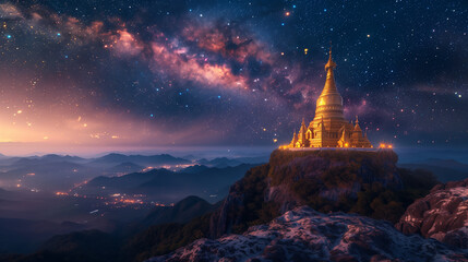 Temple pagoda at the top of stone moutain, gold pagoda in the night time with the night sky and milky way - obrazy, fototapety, plakaty