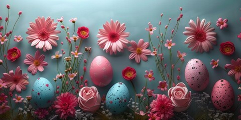 Painting of Flowers and Eggs on a Wall - obrazy, fototapety, plakaty