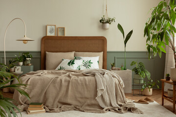 Warm and cozy bedroom interior with mock up poster frame, boho bed, beige bedding, green wall with stucco, books, brown slippers, plants in pots and personal accessories. Home decor. Template. - obrazy, fototapety, plakaty