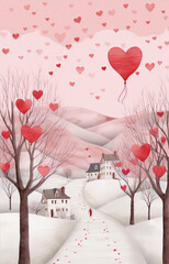 A snowy path leads through a landscape of hearts, love in the air.
