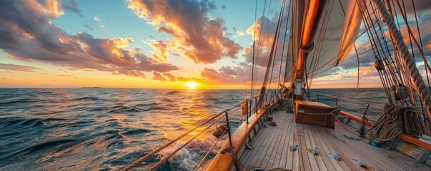 scenic view of sailboat with wooden deck and mast with rope floating on rippling dark sea against cloudy sunset sky - Powered by Adobe