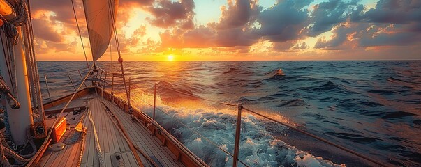 scenic view of sailboat with wooden deck and mast with rope floating on rippling dark sea against cloudy sunset sky - obrazy, fototapety, plakaty