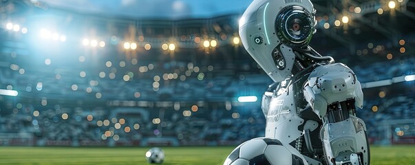 robot playing a soccer match in a pitch of a stadium full of supports