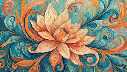 An abstract with flowers, swirls and gorgeous and javanese batik patterns using only the color, generative ai