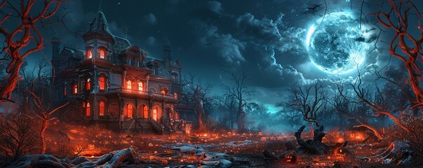 Spooky Haunted House with a Full Moon Sky. Eerie Halloween Background with a Derelict Mansion. - obrazy, fototapety, plakaty