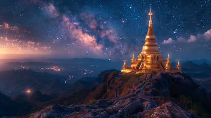 Temple pagoda at the top of stone moutain, gold pagoda in the night time with the night sky and milky way - obrazy, fototapety, plakaty