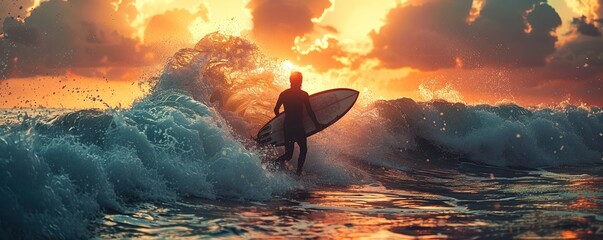 Surfer practicing surfing on wavy sea with splashing water - obrazy, fototapety, plakaty