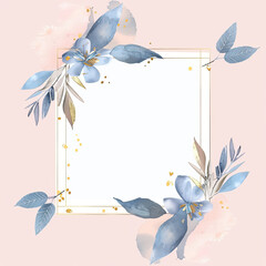 Golden frame with blue flowers on pink background
