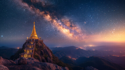 Temple pagoda at the top of stone moutain, gold pagoda in the night time with the night sky and milky way - Powered by Adobe