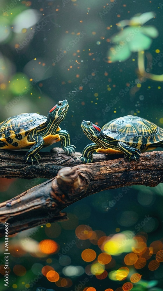 Poster two turtles on tree branch