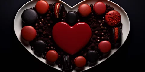 Fototapete Rund Heart-shaped red and black macarons on a white heart-shaped plate with dark background, food photography. © atalh