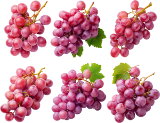 Bunches of pink grapes with green leaves on a transparent background