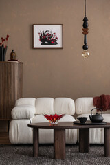 Stylish interior design of living room interior with white sofa, wooden commode, poster mock up...