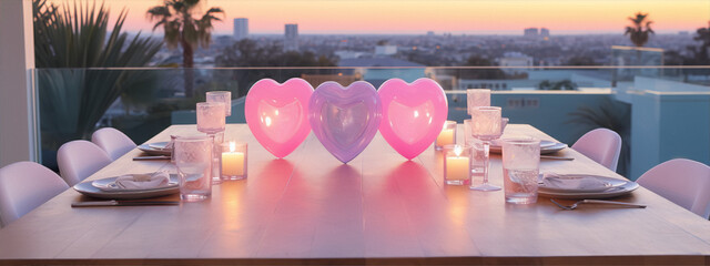 Pink heart-shaped balloons on a wooden table with a view of the city in the background. - obrazy, fototapety, plakaty