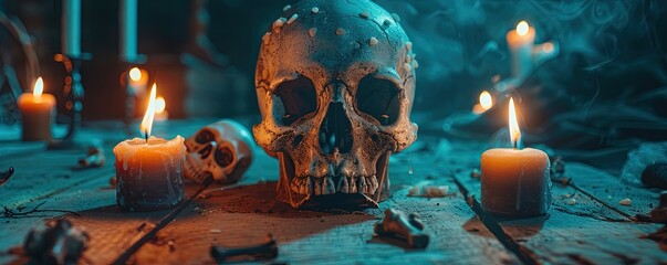 vivid decorated human skull with burning candles on wooden table in dark room during Halloween celebration at night - obrazy, fototapety, plakaty