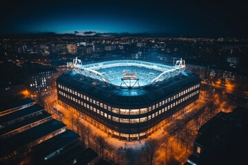 a soccer stadium from an aerial perspective, radiantly lit against the night sky.Highlight the...